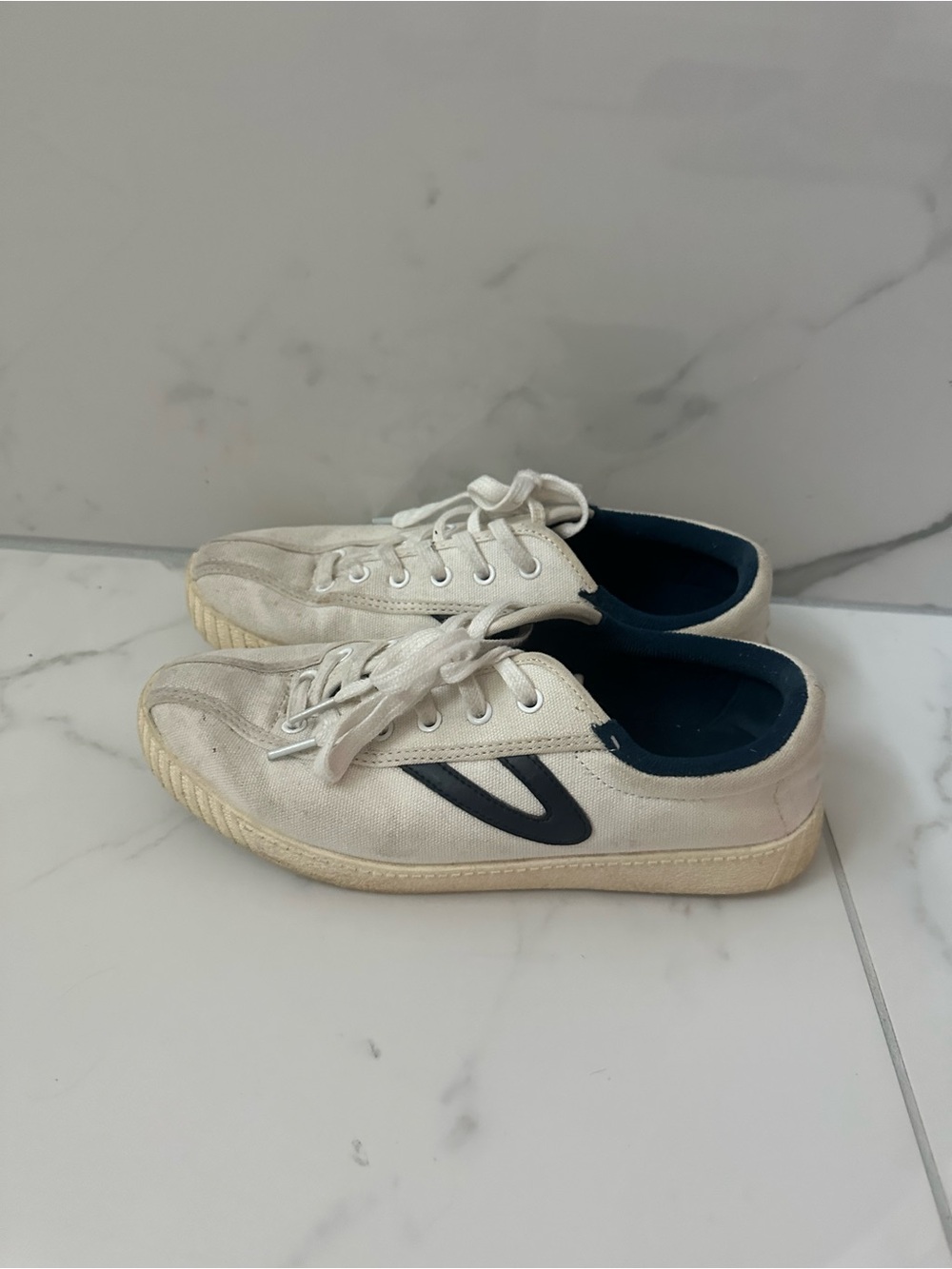 Tretorn White Canvas Sneakers with Navy Trim